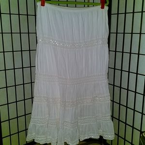 Tiara White Boho Long 100% Cotton and Sequin Skirt